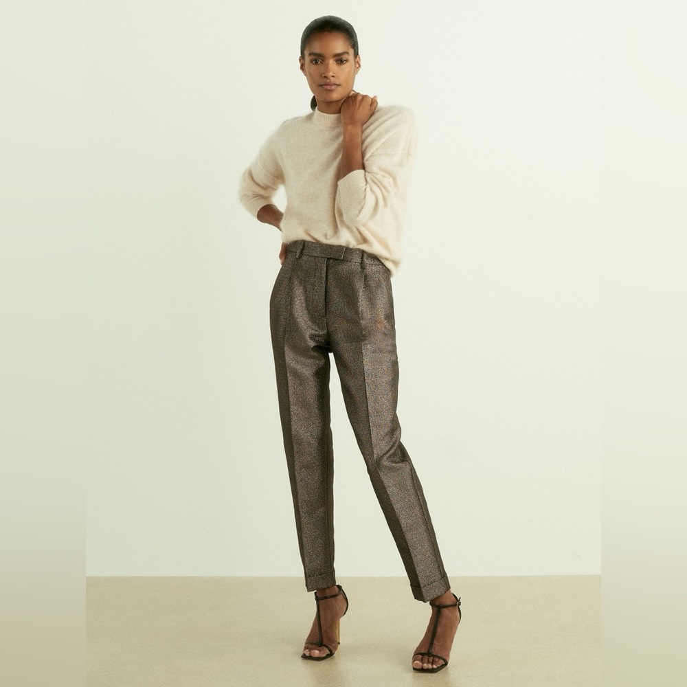 Reiss Sienna Metallic Tapered Trousers Gold Size 10 Cotton Blend High Rise